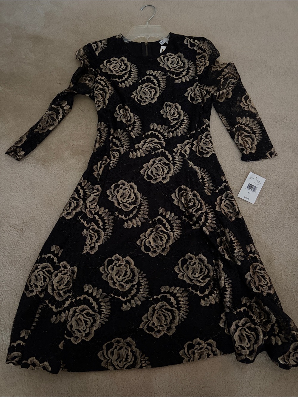 Macy's Black Long-Sleeve Fit-and-Flare Dress with Gold Floral Lace